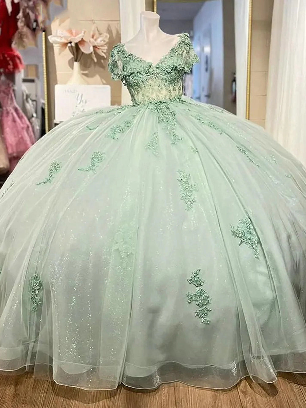 Misshow Mint Green Ball Gown V-Neck Lace Applique Beaded Bow Quinceanera & Sweet 16 Party Dress