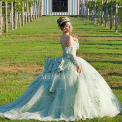 Misshow Mint Green Ball Gown with Detachable Strapless Sleeves 3D Floral Lace Applique & Corset Bow for Quinceanera & Sweet 16