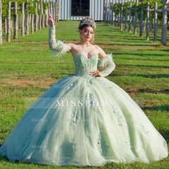 Misshow Mint Green Ball Gown with Detachable Strapless Sleeves 3D Floral Lace Applique & Corset Bow for Quinceanera & Sweet 16