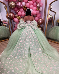 Misshow Mint Green Ball Gown with Sweetheart Neckline 3D Butterfly Appliques and Bow Detail Perfect for Quinceanera & Evening Galas