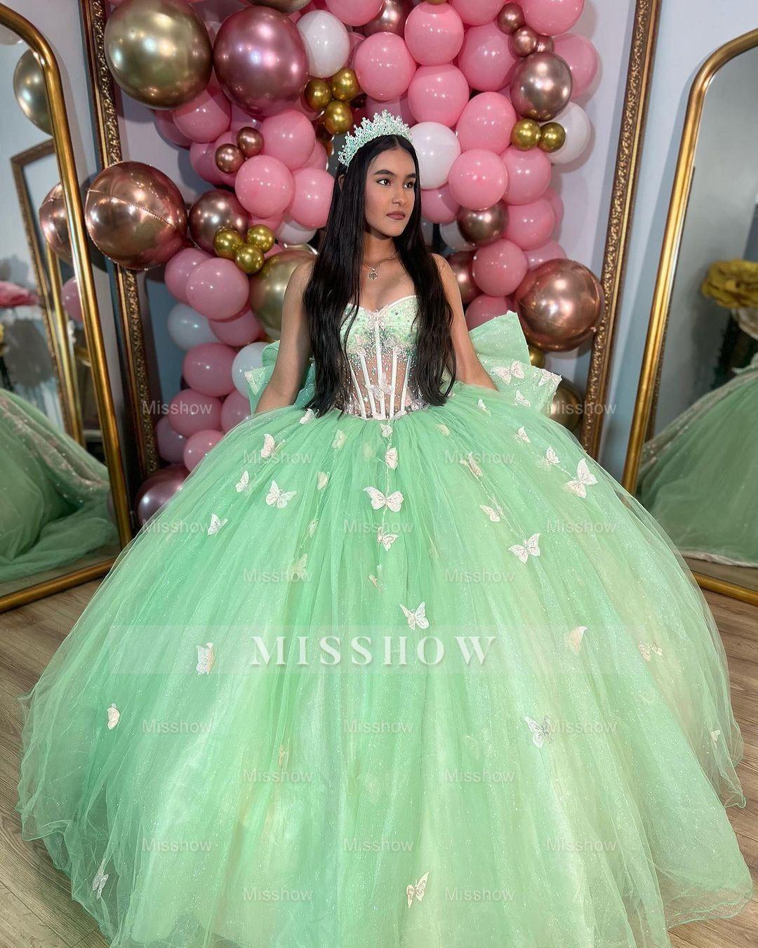 Misshow Mint Green Ball Gown with Sweetheart Neckline 3D Butterfly Appliques and Bow Detail Perfect for Quinceanera & Evening Galas