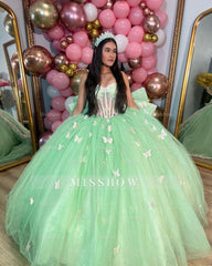 Misshow Mint Green Ball Gown with Sweetheart Neckline 3D Butterfly Appliques and Bow Detail Perfect for Quinceanera & Evening Galas