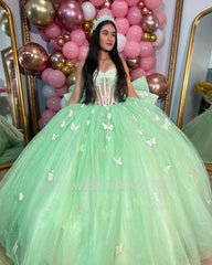 Misshow Mint Green Ball Gown with Sweetheart Neckline 3D Butterfly Appliques and Bow Detail Perfect for Quinceanera & Evening Galas