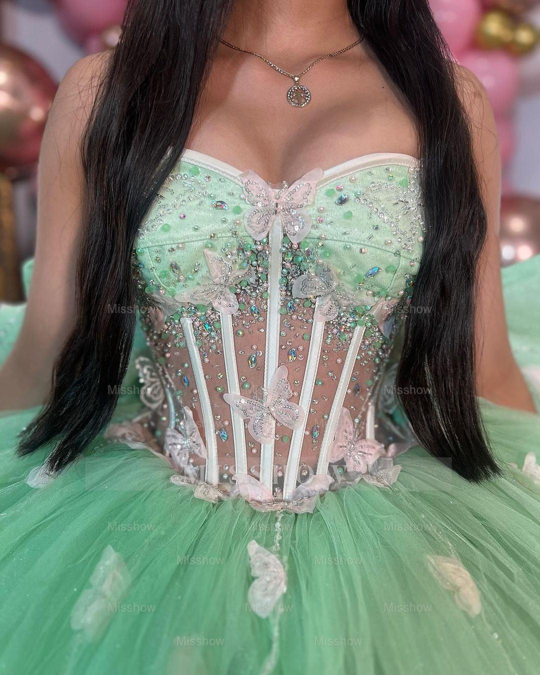 Misshow Mint Green Ball Gown with Sweetheart Neckline 3D Butterfly Appliques and Bow Detail Perfect for Quinceanera & Evening Galas