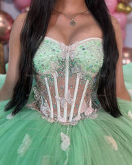 Misshow Mint Green Ball Gown with Sweetheart Neckline 3D Butterfly Appliques and Bow Detail Perfect for Quinceanera & Evening Galas