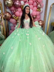 Misshow Mint Green Ball Gown with Sweetheart Neckline 3D Butterfly Appliques and Bow Detail Perfect for Quinceanera & Evening Galas