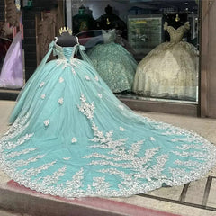 Misshow Mint Green Quinceanera Ball Gown Sparkling Tulle 3D Floral Appliques & Beaded Sweetheart Neckline for 2024