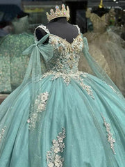 Misshow Mint Green Quinceanera Ball Gown Sparkling Tulle 3D Floral Appliques & Beaded Sweetheart Neckline for 2024