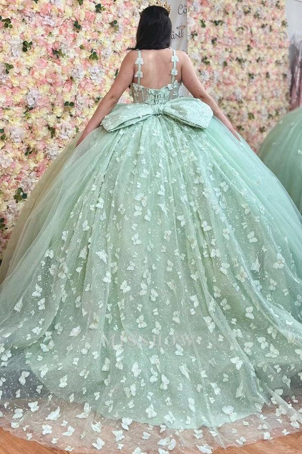 Misshow Mint Green Quinceanera Dress Off-Shoulder Ball Gown with 3D Butterflies & Bow Detail for Sweet 16 & Birthday Parties