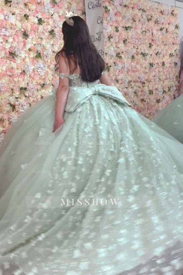 Misshow Mint Green Quinceanera Dress Off-Shoulder Ball Gown with 3D Butterflies & Bow Detail for Sweet 16 & Birthday Parties