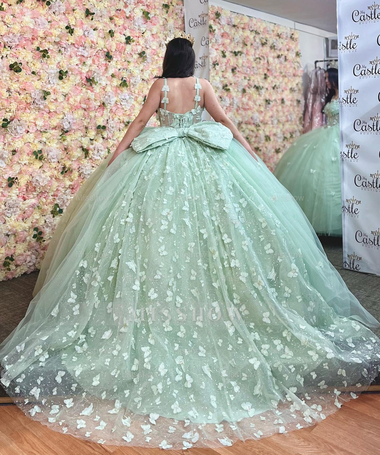 Misshow Mint Green Quinceanera Dress Off-Shoulder Ball Gown with 3D Butterflies & Bow Detail for Sweet 16 & Birthday Parties