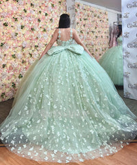 Misshow Mint Green Quinceanera Dress Off-Shoulder Ball Gown with 3D Butterflies & Bow Detail for Sweet 16 & Birthday Parties