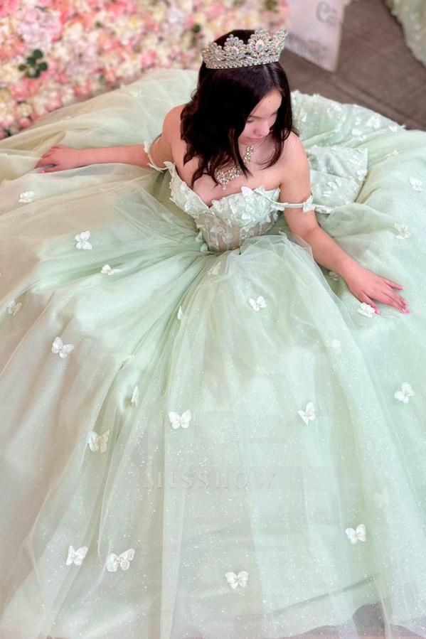 Misshow Mint Green Quinceanera Dress Off-Shoulder Ball Gown with 3D Butterflies & Bow Detail for Sweet 16 & Birthday Parties