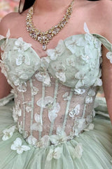 Misshow Mint Green Quinceanera Dress Off-Shoulder Ball Gown with 3D Butterflies & Bow Detail for Sweet 16 & Birthday Parties