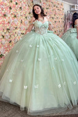 Misshow Mint Green Quinceanera Dress Off-Shoulder Ball Gown with 3D Butterflies & Bow Detail for Sweet 16 & Birthday Parties
