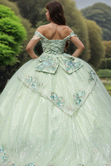Misshow Mint Green Quinceanera Dress Off-Shoulder Ball Gown with Floral Appliques & Lace-Up Bow for Sweet 16 & Birthday Parties