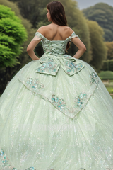 Misshow Mint Green Quinceanera Dress Off-Shoulder Ball Gown with Floral Appliques & Lace-Up Bow for Sweet 16 & Birthday Parties