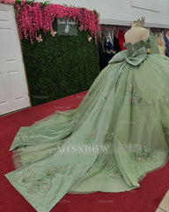 Misshow Mint Green Sequined Ball Gown Off-Shoulder Sleeveless Tulle Dress with 3D Flower Appliques & Bow Detail for Quinceanera Sweet 16 or Birthday Parties