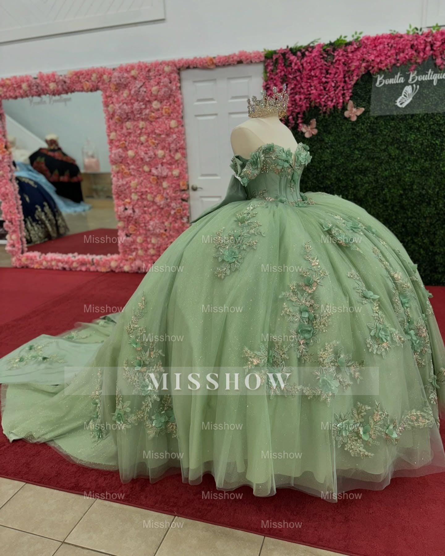 Misshow Mint Green Sequined Ball Gown Off-Shoulder Sleeveless Tulle Dress with 3D Flower Appliques & Bow Detail for Quinceanera Sweet 16 or Birthday Parties