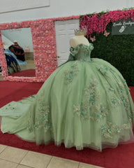 Misshow Mint Green Sequined Ball Gown Off-Shoulder Sleeveless Tulle Dress with 3D Flower Appliques & Bow Detail for Quinceanera Sweet 16 or Birthday Parties