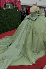 Misshow Mint Green Sequined Ball Gown Off-Shoulder Sleeveless Tulle Dress with 3D Flower Appliques & Bow Detail for Quinceanera Sweet 16 or Birthday Parties