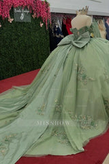 Misshow Mint Green Sequined Ball Gown Off-Shoulder Sleeveless Tulle Dress with 3D Flower Appliques & Bow Detail for Quinceanera Sweet 16 or Birthday Parties