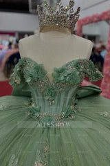 Misshow Mint Green Sequined Ball Gown Off-Shoulder Sleeveless Tulle Dress with 3D Flower Appliques & Bow Detail for Quinceanera Sweet 16 or Birthday Parties