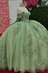 Misshow Mint Green Sequined Ball Gown Off-Shoulder Sleeveless Tulle Dress with 3D Flower Appliques & Bow Detail for Quinceanera Sweet 16 or Birthday Parties