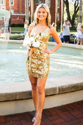 Misshow Mirror Golden Spaghetti Straps Tight Short Homecoming Dress/Mini Dress