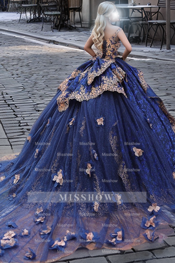 Misshow Navy Blue Ball Gown Off-Shoulder Sleeveless Gold Floral Applique Tiered Tulle Quinceanera & Evening Party Dress