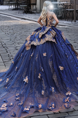 Misshow Navy Blue Ball Gown Off-Shoulder Sleeveless Gold Floral Applique Tiered Tulle Quinceanera & Evening Party Dress
