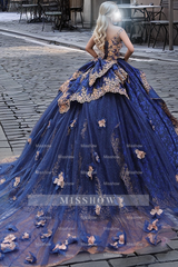 Misshow Navy Blue Ball Gown Off-Shoulder Sleeveless Gold Floral Applique Tiered Tulle Quinceanera & Evening Party Dress