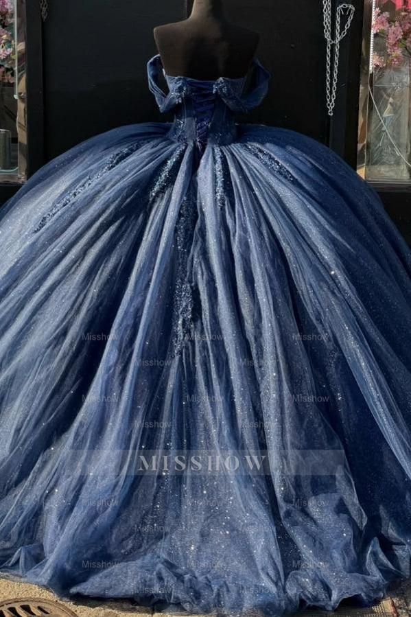 Misshow Navy Blue Off-Shoulder Ball Gown Pleated Tulle Quinceanera Dress with Lace-Up Back & Applique Details for Sweet 16 & Birthday Parties