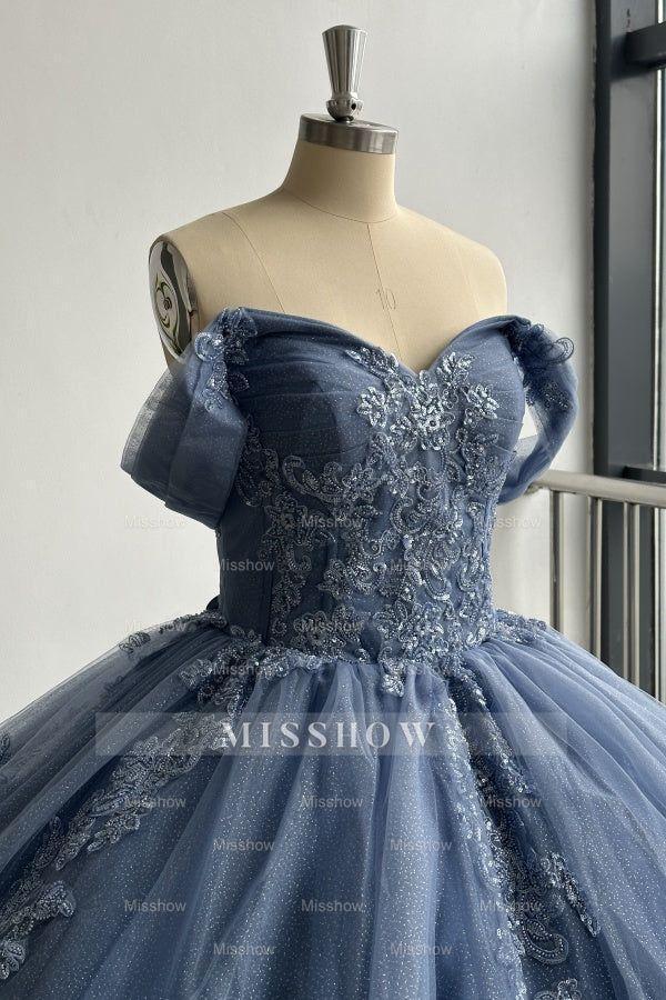 Misshow Navy Blue Off-Shoulder Ball Gown Pleated Tulle Quinceanera Dress with Lace-Up Back & Applique Details for Sweet 16 & Birthday Parties