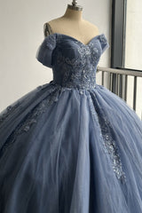 Misshow Navy Blue Off-Shoulder Ball Gown Pleated Tulle Quinceanera Dress with Lace-Up Back & Applique Details for Sweet 16 & Birthday Parties