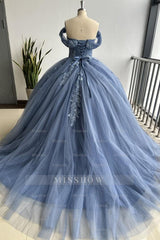 Misshow Navy Blue Off-Shoulder Ball Gown Pleated Tulle Quinceanera Dress with Lace-Up Back & Applique Details for Sweet 16 & Birthday Parties