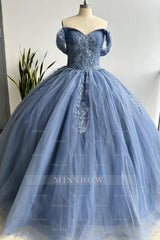 Misshow Navy Blue Off-Shoulder Ball Gown Pleated Tulle Quinceanera Dress with Lace-Up Back & Applique Details for Sweet 16 & Birthday Parties