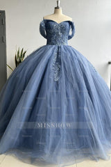 Misshow Navy Blue Off-Shoulder Ball Gown Pleated Tulle Quinceanera Dress with Lace-Up Back & Applique Details for Sweet 16 & Birthday Parties
