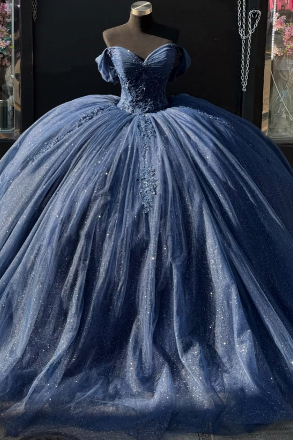 Misshow Navy Blue Off-Shoulder Ball Gown Pleated Tulle Quinceanera Dress with Lace-Up Back & Applique Details for Sweet 16 & Birthday Parties