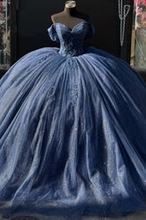 Misshow Navy Blue Off-Shoulder Ball Gown Pleated Tulle Quinceanera Dress with Lace-Up Back & Applique Details for Sweet 16 & Birthday Parties