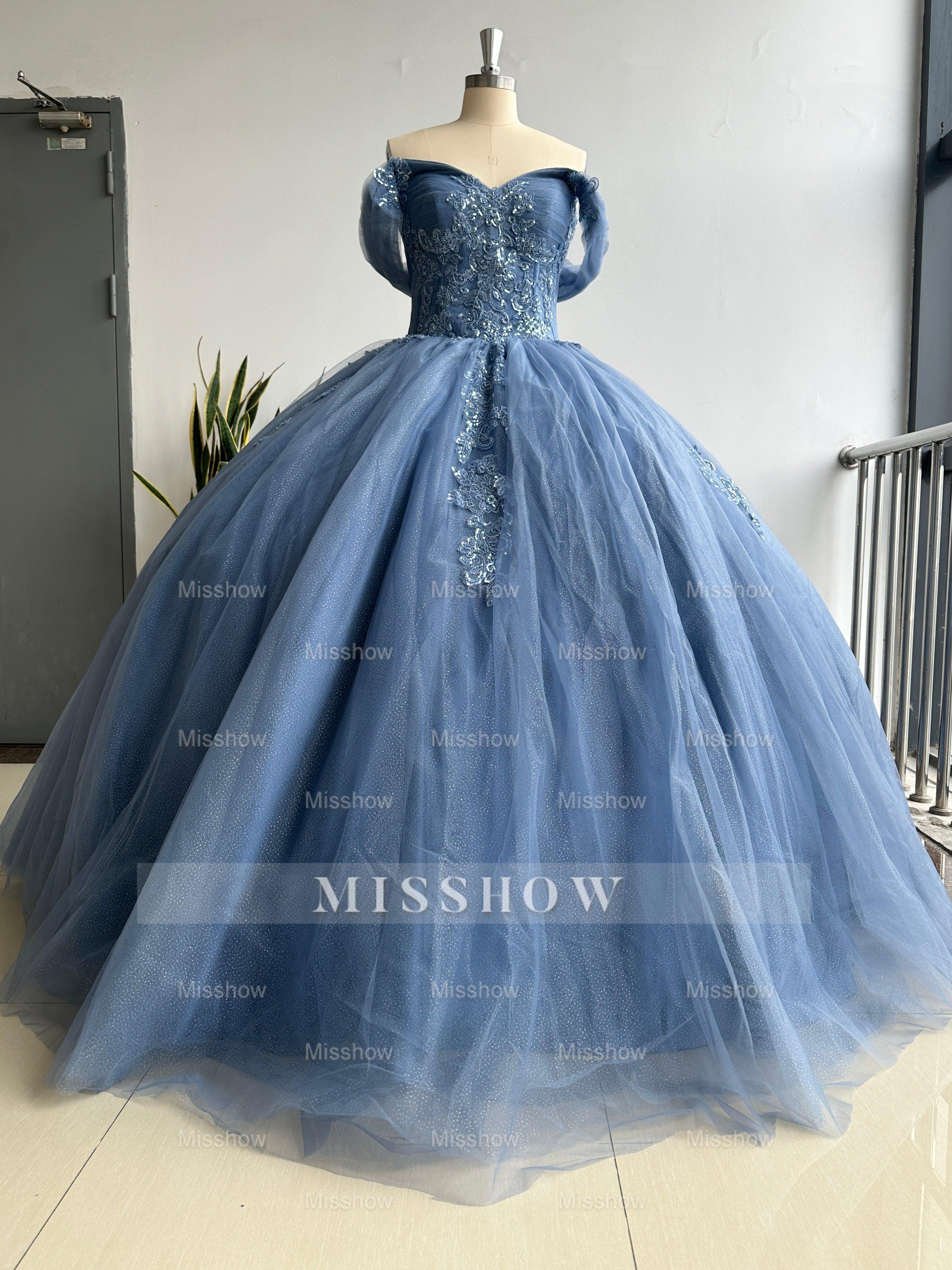 Misshow Navy Blue Sweet 16 Ball Gown Off-Shoulder Beaded Tulle Quinceanera Dress with Lace-Up Back for Birthday & Formal Events