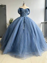 Misshow Navy Blue Sweet 16 Ball Gown Off-Shoulder Beaded Tulle Quinceanera Dress with Lace-Up Back for Birthday & Formal Events