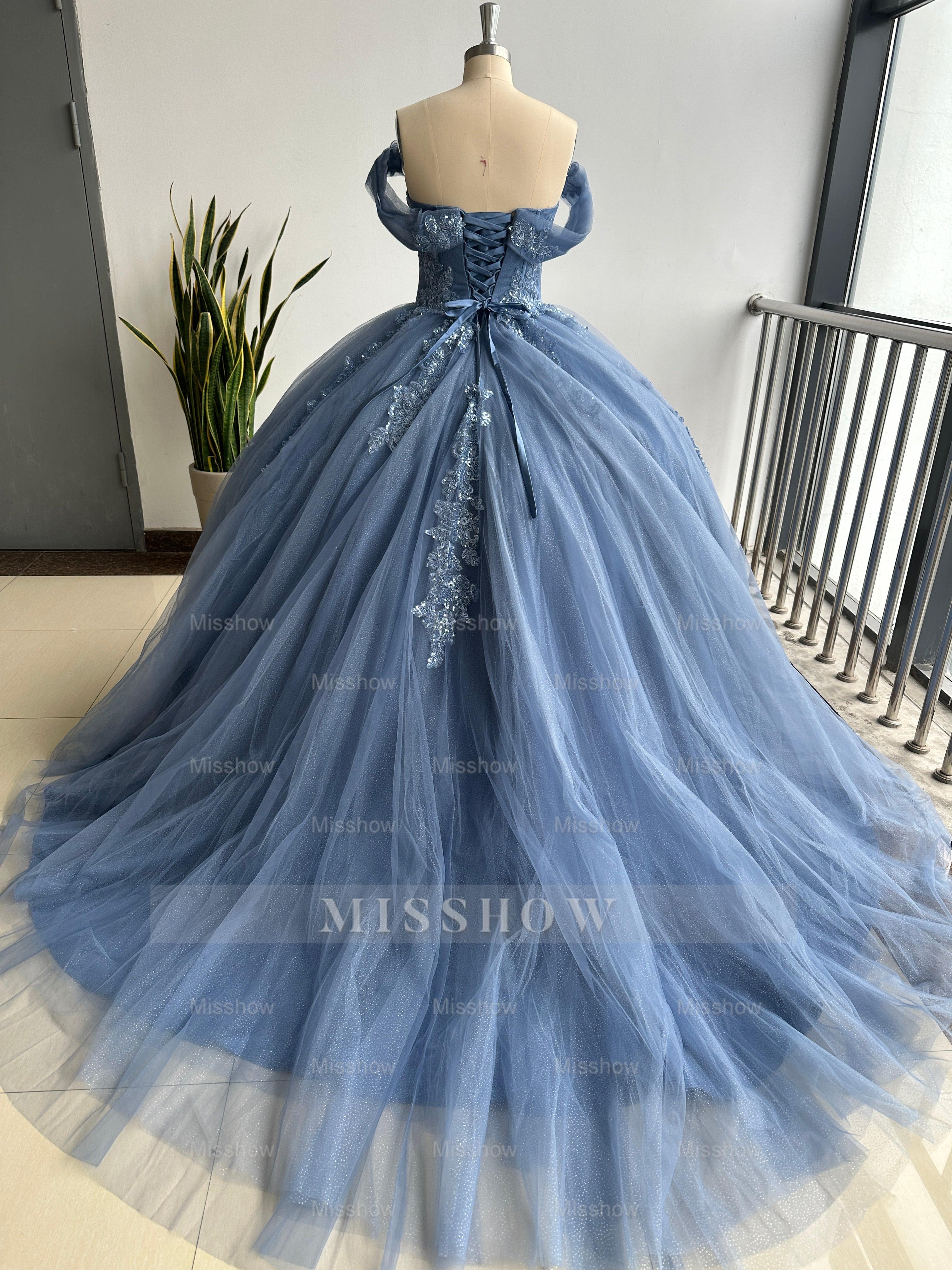 Misshow Navy Blue Sweet 16 Ball Gown Off-Shoulder Beaded Tulle Quinceanera Dress with Lace-Up Back for Birthday & Formal Events