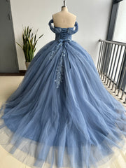 Misshow Navy Blue Sweet 16 Ball Gown Off-Shoulder Beaded Tulle Quinceanera Dress with Lace-Up Back for Birthday & Formal Events