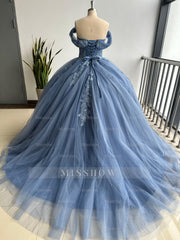 Misshow Navy Blue Sweet 16 Ball Gown Off-Shoulder Beaded Tulle Quinceanera Dress with Lace-Up Back for Birthday & Formal Events