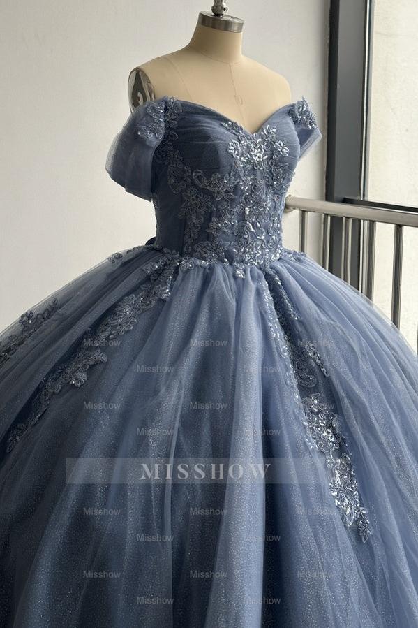 Misshow Navy Blue Sweet 16 Ball Gown Off-Shoulder Beaded Tulle Quinceanera Dress with Lace-Up Back for Birthday & Formal Events