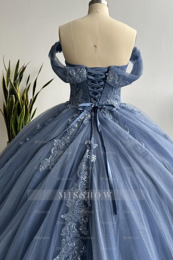 Misshow Navy Blue Sweet 16 Ball Gown Off-Shoulder Beaded Tulle Quinceanera Dress with Lace-Up Back for Birthday & Formal Events