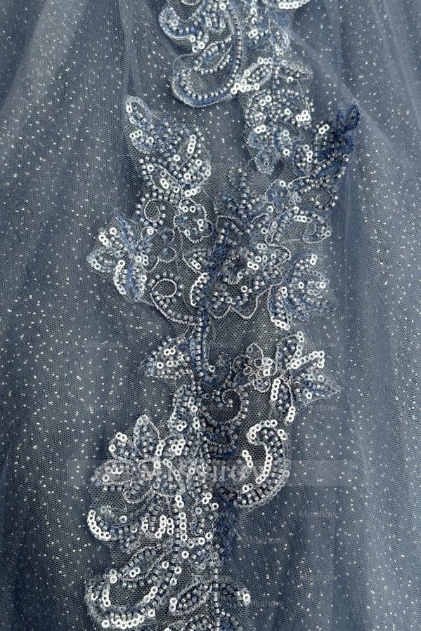 Misshow Navy Blue Sweet 16 Ball Gown Off-Shoulder Beaded Tulle Quinceanera Dress with Lace-Up Back for Birthday & Formal Events