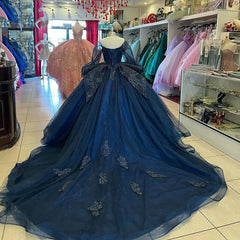 Misshow Navy Blue Tulle Quinceanera Dress Off-Shoulder Ball Gown with Lace Appliques & Tiered Ruffles for Sweet 16 & Princess Parties