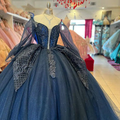 Misshow Navy Blue Tulle Quinceanera Dress Off-Shoulder Ball Gown with Lace Appliques & Tiered Ruffles for Sweet 16 & Princess Parties